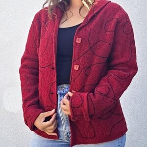 Red Wool Cardigan with Black Embroidery by Carroll Reed / Y2K 2000s Western